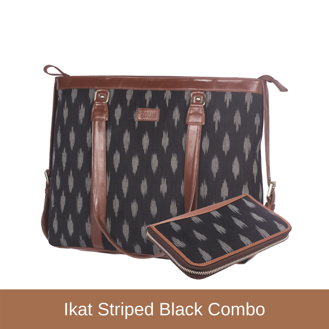 Ikat Striped Black - Women's Office Bag & Chain Wallet Combo