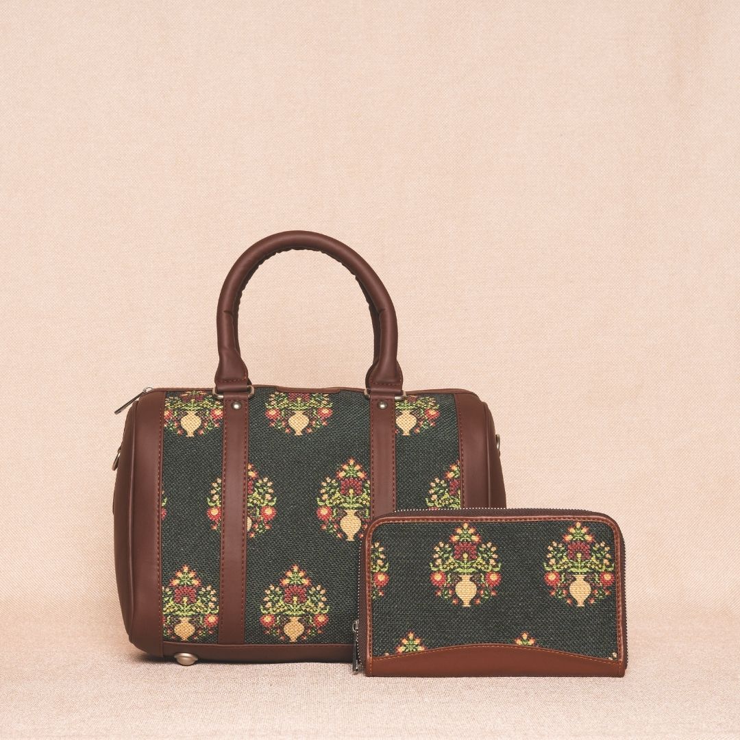 Royal Green Mogra Print- Handbag & Chain Wallet Combo