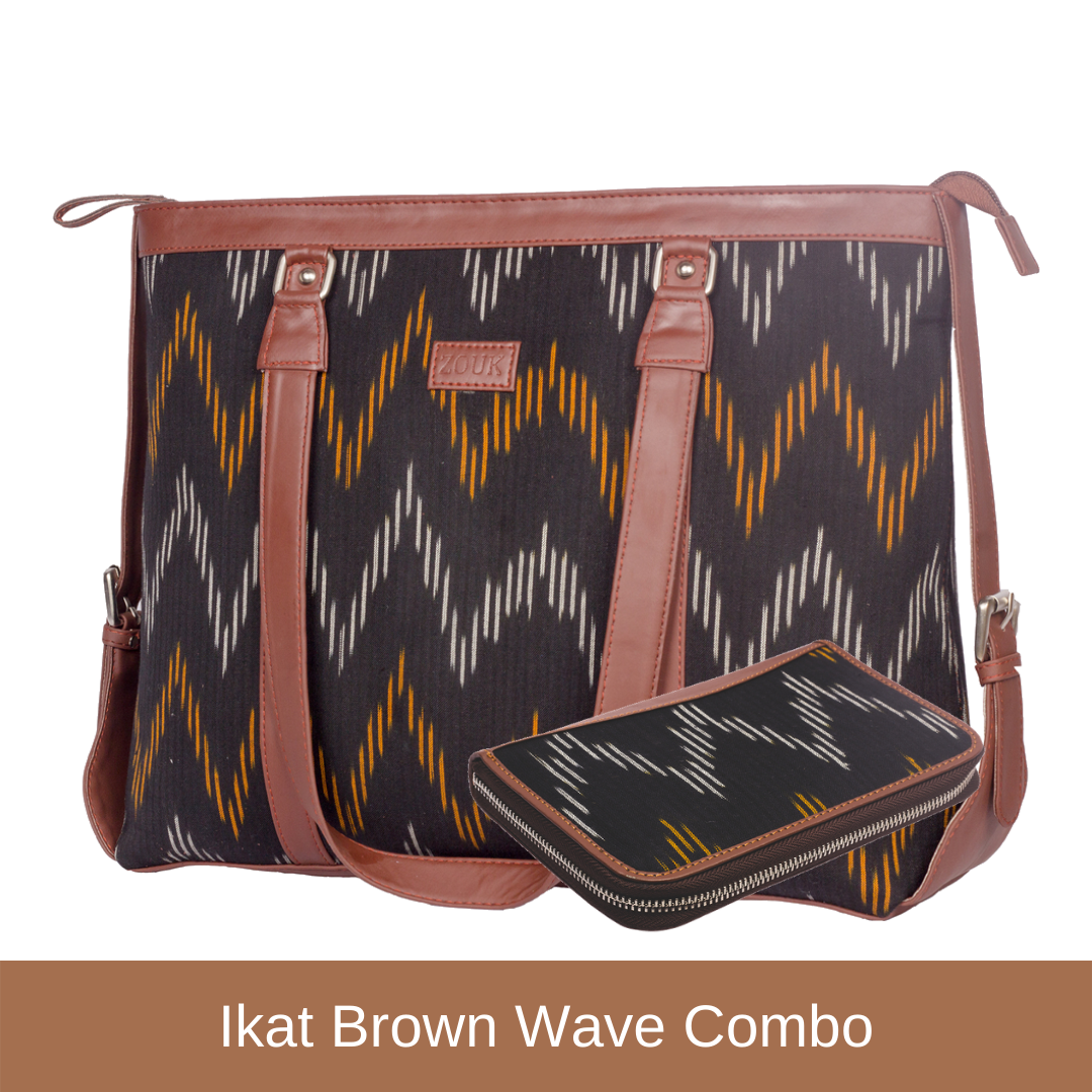 Ikat Brown Wave - Women's Office Bag & Chain Wallet Combo