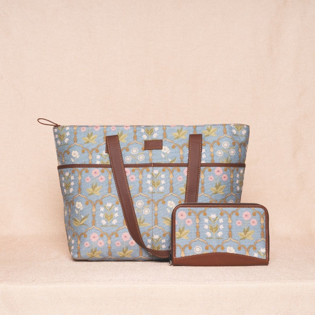 Jaipur Fresco Blue- Tote Bag & Chain Wallet Combo