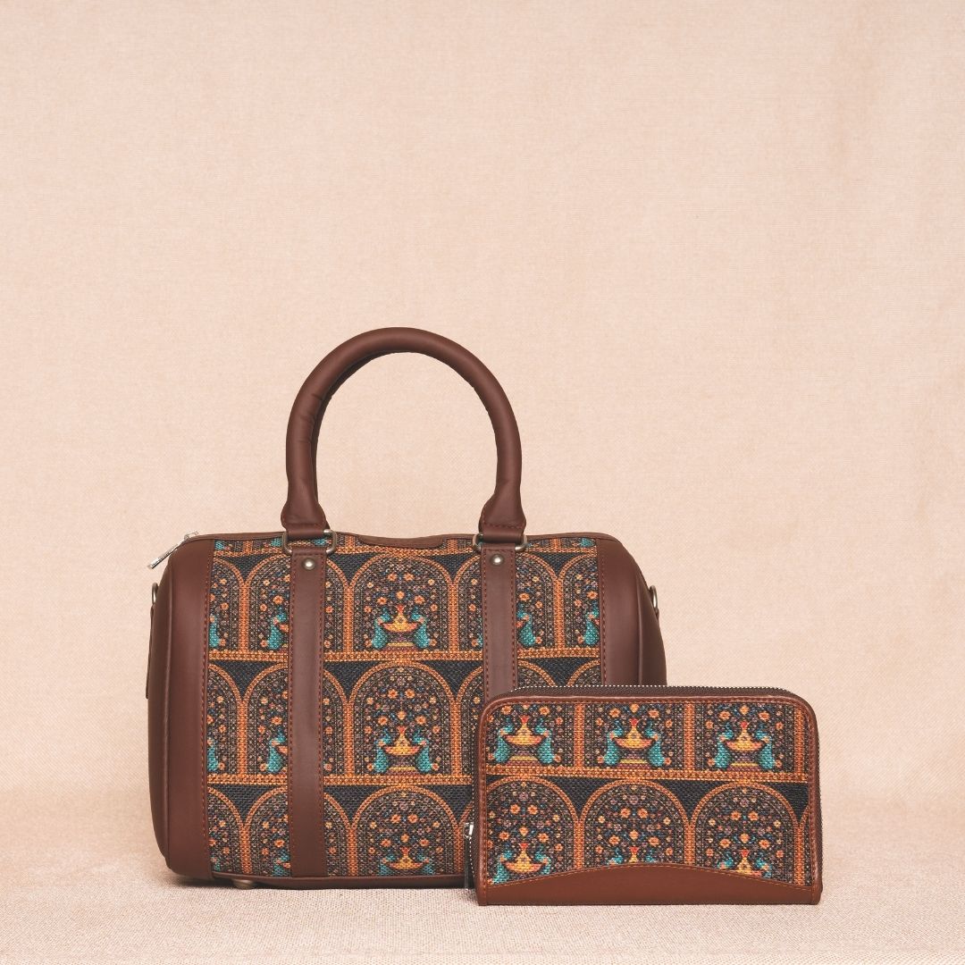 Royal Indian Peacock Motif- Handbag & Chain Wallet Combo