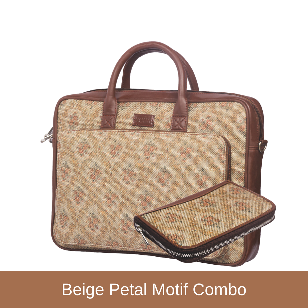 Beige Petal Motif - Laptop Bag & Chain Wallet Combo