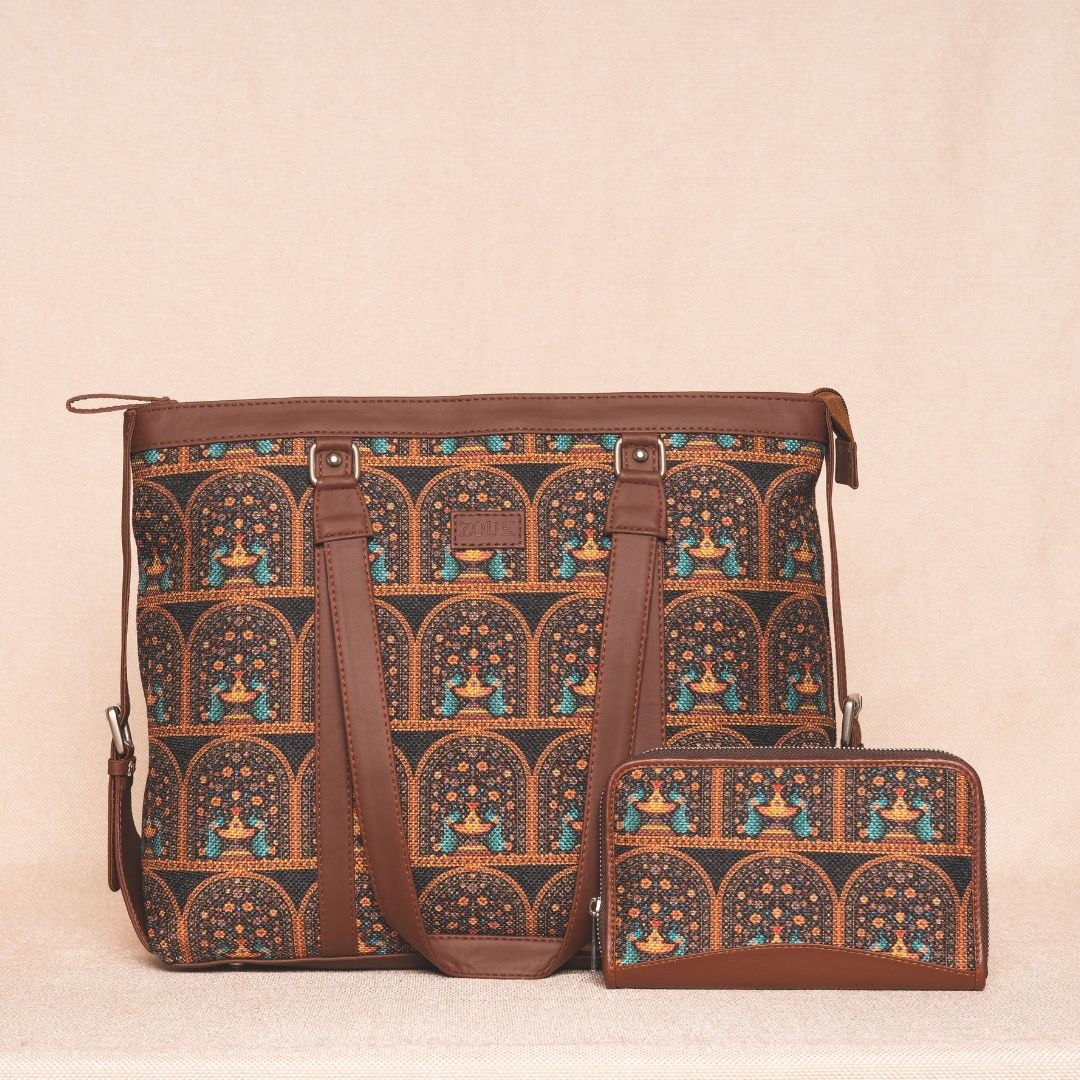 Royal Indian Peacock Motif- Office Bag & Chain Wallet Combo