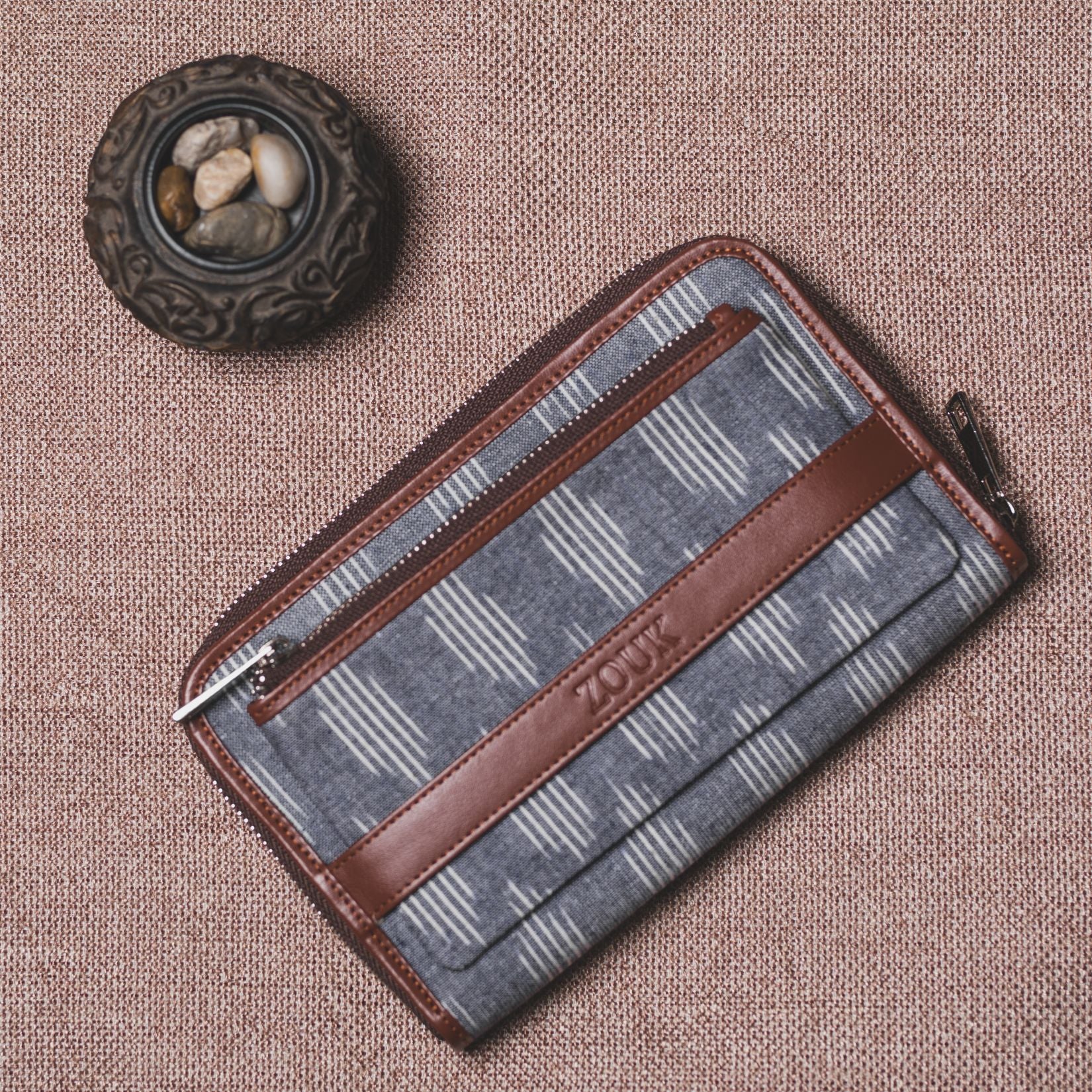 Classic Zipper Wallet - Ikat Striped Grey