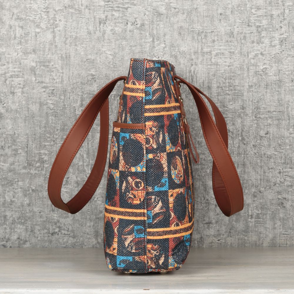 Karur Aquamarine Floral Motif and African Art - Office Bag & Tote Bag Combo