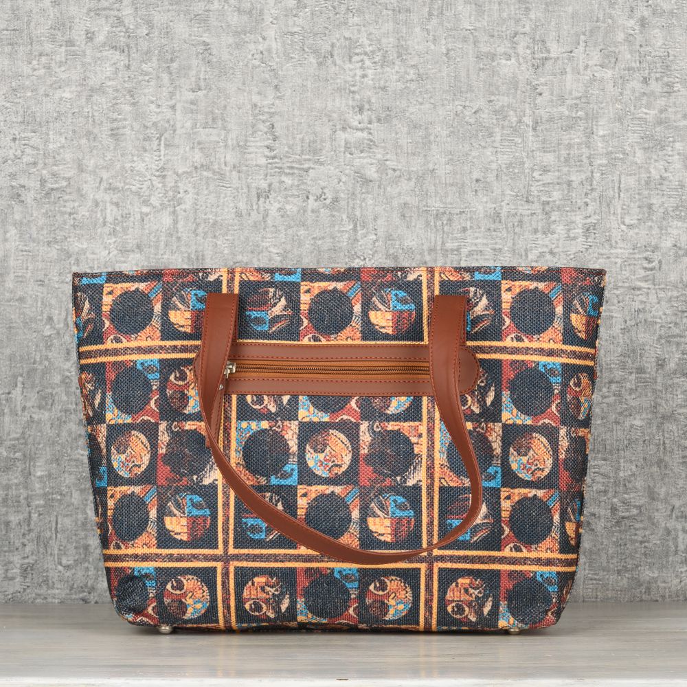 Karur Aquamarine Floral Motif and African Art - Office Bag & Tote Bag Combo