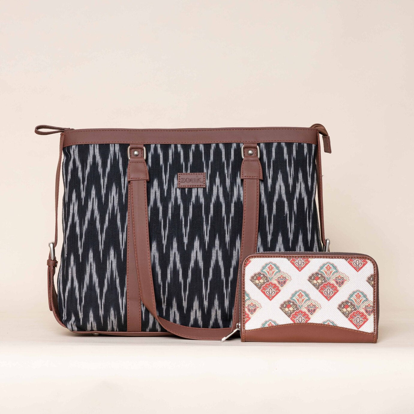 Ikat Wave and Seashell Motif - Office Bag & Chain Wallet Combo