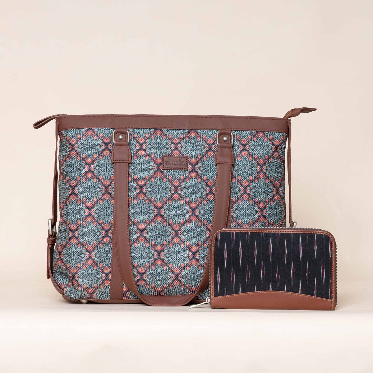 Kolkata Nouveau and Ikat GreRed - Office Bag & Chain Wallet Combo