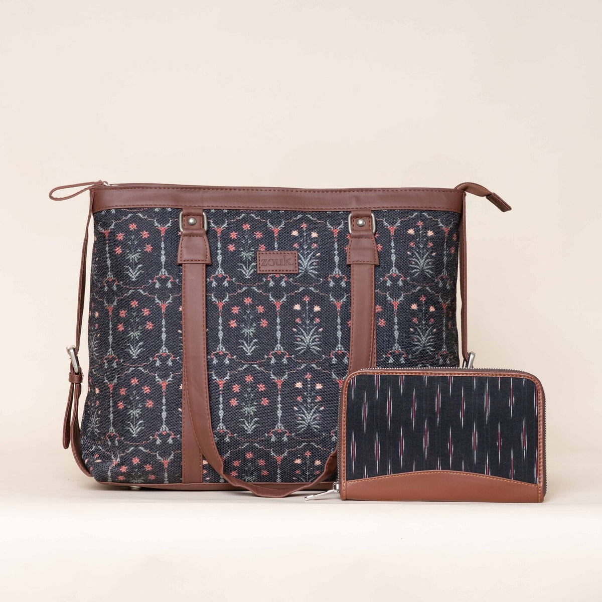 Taj Guldasta and Ikat GreRed - Office Bag & Chain Wallet Combo