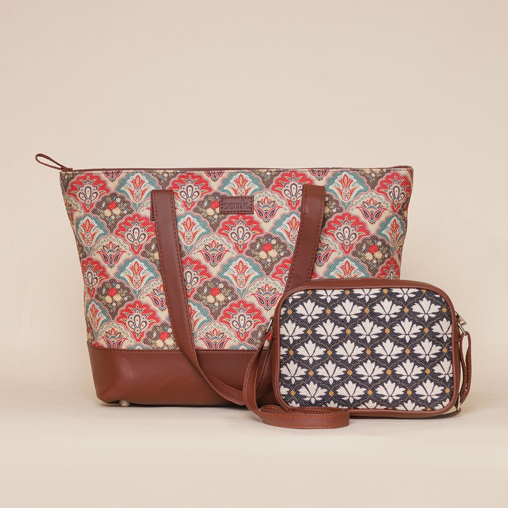 Mughal Art Multicolor & Bidri Kaiser - Shoulder Tote Bag & Sling Bag Combo
