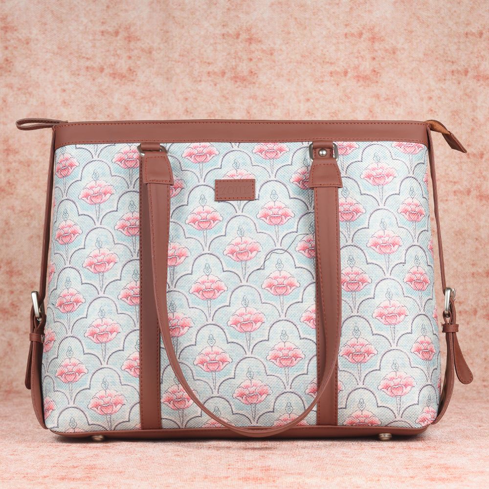 Karur Aquamarine Floral Motif- Office Bag & Chain Wallet Combo