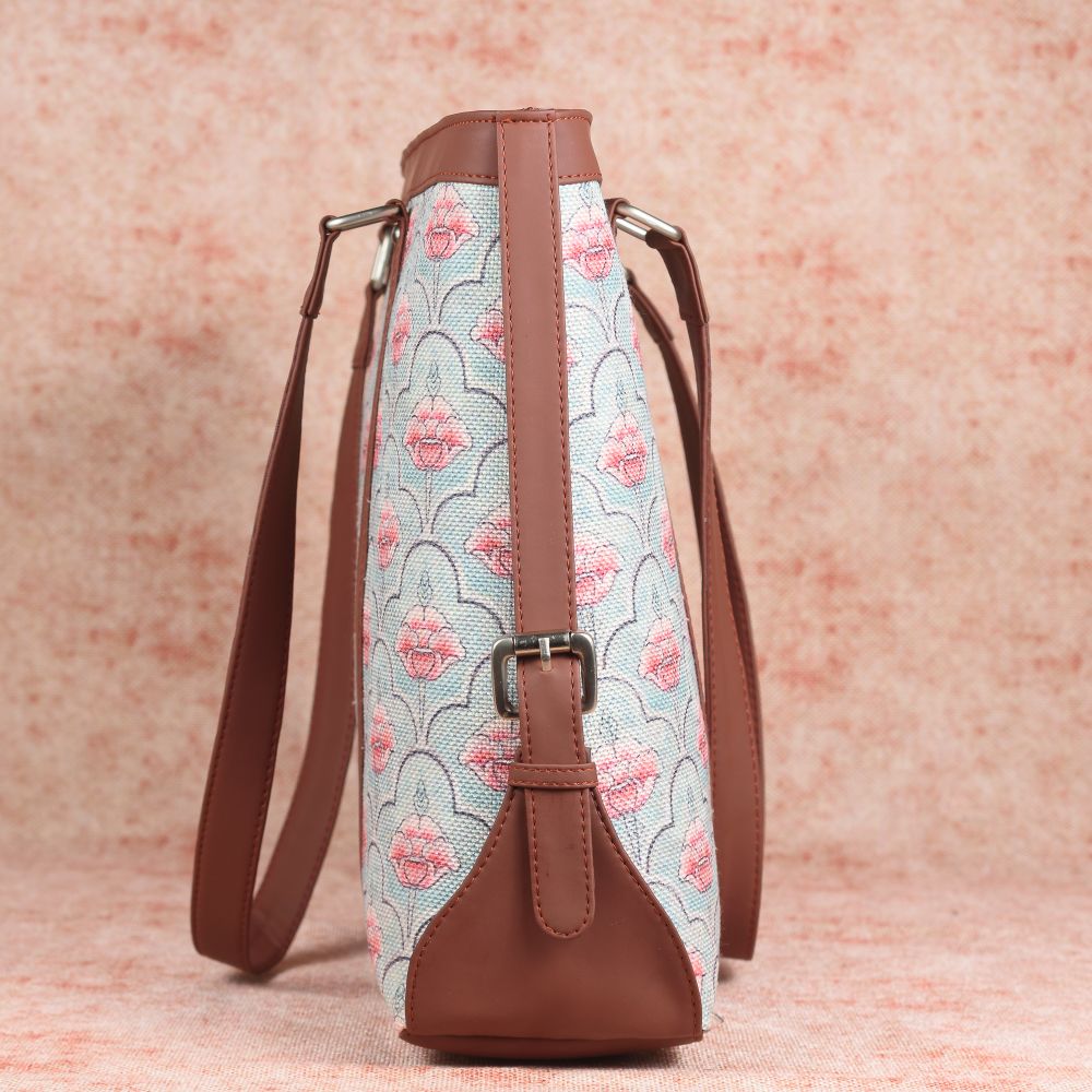 Karur Aquamarine Floral Motif- Office Bag & Chain Wallet Combo