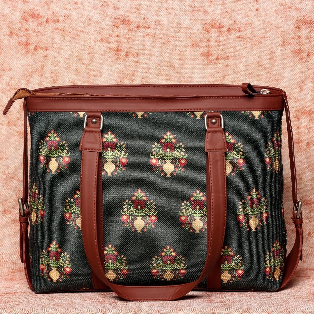 Royal Green Mogra Print & WavBeach - Office Bag & Side Tote Bag Combo