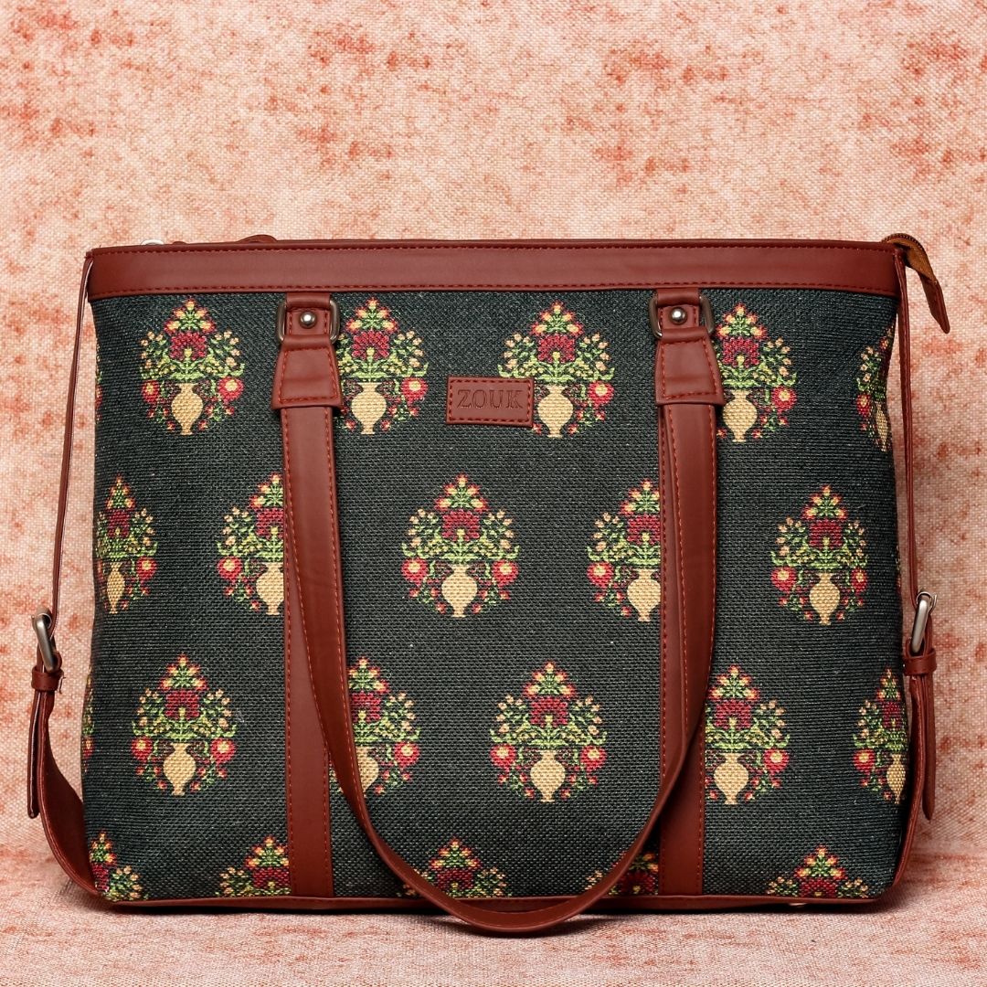 Royal Green Mogra Print and Tidal Wave - Office Bag & Chain Wallet Combo